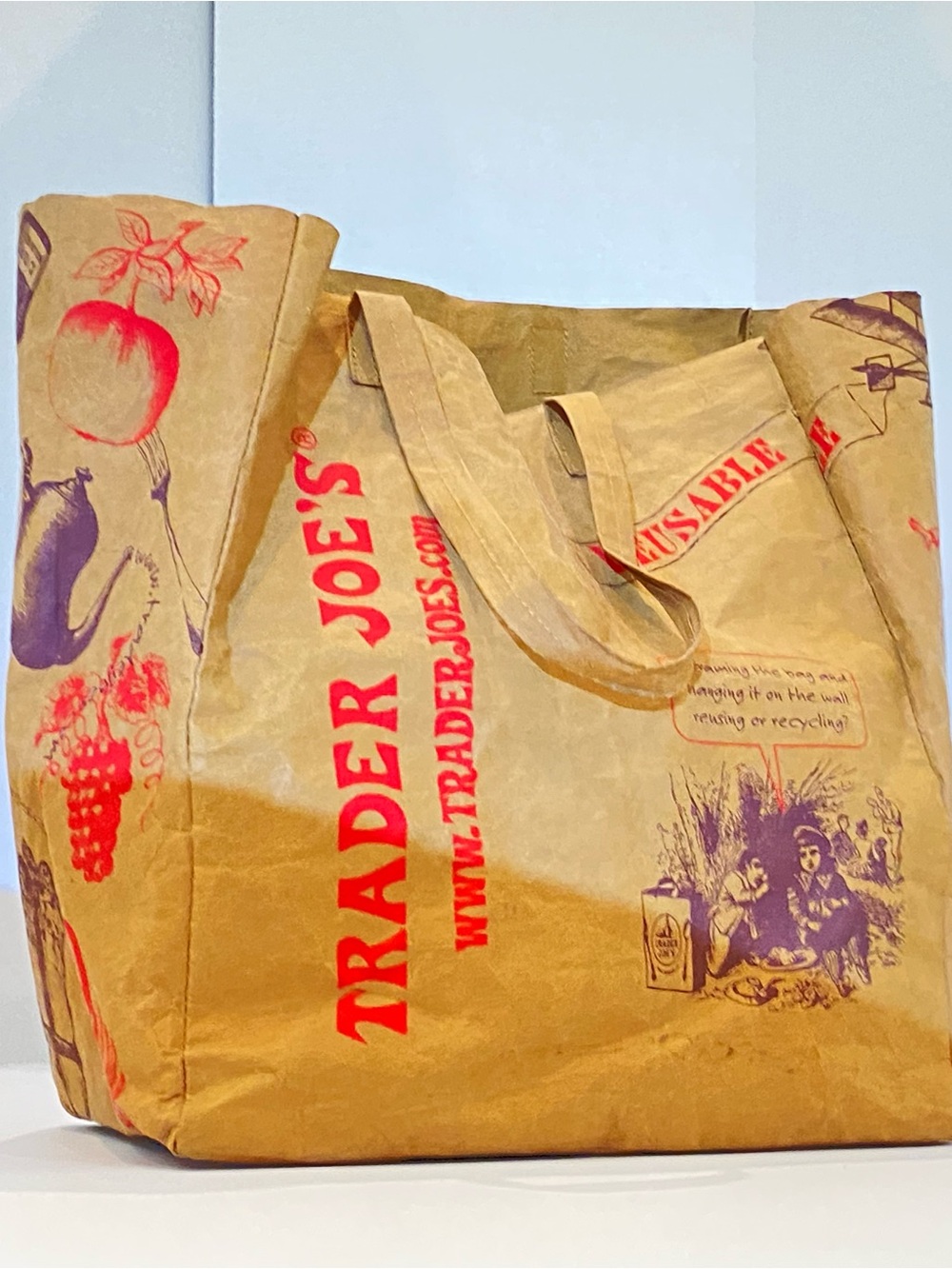 Trader Joe's Brown Paper Tote Bag with Red Print - Picture 2 of 3